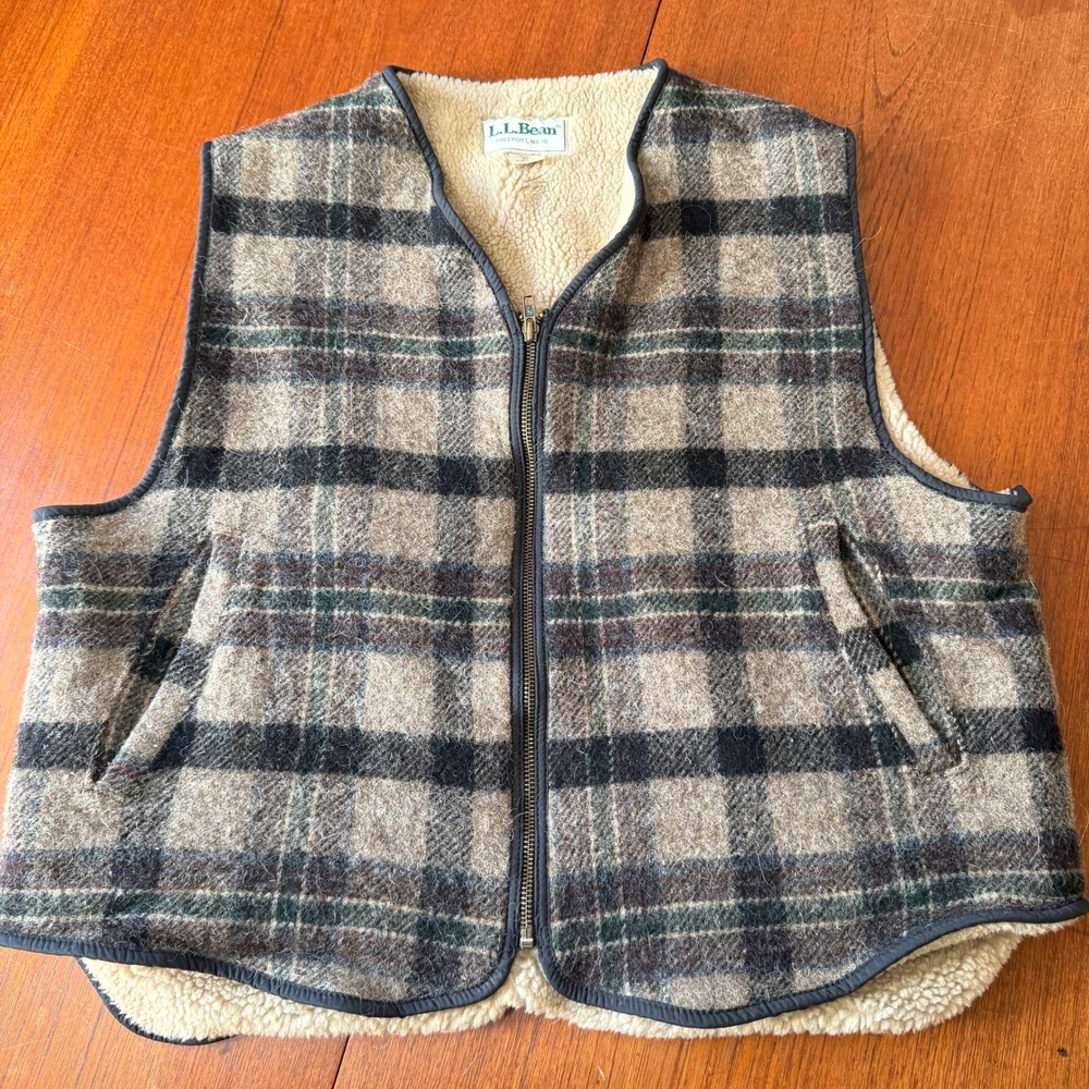 LL Bean Vintage Plaid Wool Sherpa Lined Full Zip Vest Lumberjack XL Made in USA